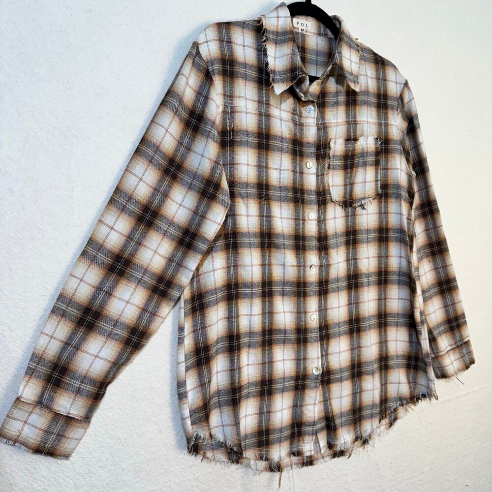 POL Oversized Long Sleeve Cream Brown Plaid Distressed Flannel Button-Up Medium - Picture 4 of 7